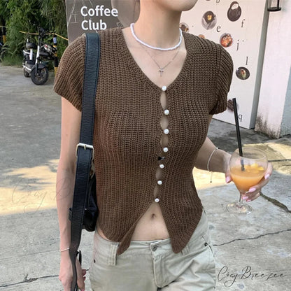 Ribbed Button Knit Crop Top croptop-250223