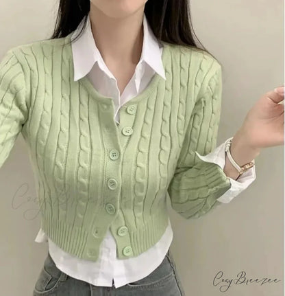 Ribbed Cable Knit Slim Fit Button-Up Cropped Cardigan Green / One Size cardiagn-250126