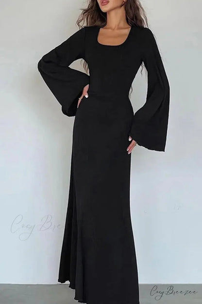 Ribbed Flares Sleeve Dress with Tie-back Black / S