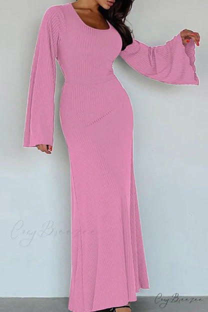 Ribbed Flares Sleeve Dress with Tie-back Pink / M