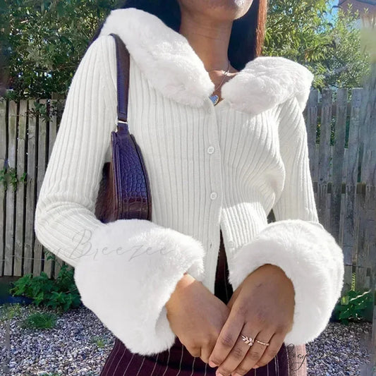 Ribbed Fur Trim Slim Knitted Cardigan White / S cardigans-241228