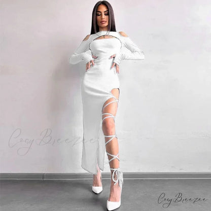 Ribbed Hollow Long Sleeve Off Shoulder Tie Up Party Clubwear Midi Dress