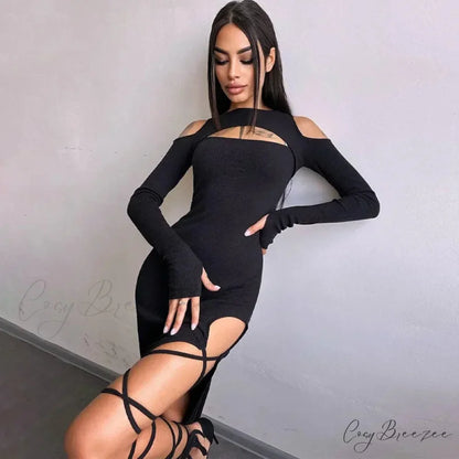 Ribbed Hollow Long Sleeve Off Shoulder Tie Up Party Clubwear Midi Dress Black / S