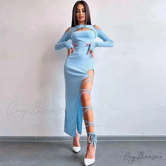 Ribbed Hollow Long Sleeve Off Shoulder Tie Up Party Clubwear Midi Dress Blue / S