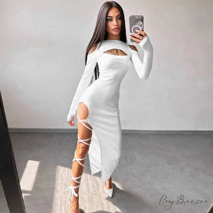 Ribbed Hollow Long Sleeve Off Shoulder Tie Up Party Clubwear Midi Dress WHITE / S