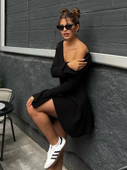 Ribbed Knit A-Line Jersey Mini Dress Black / S