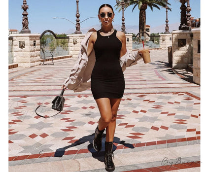Ribbed Knit Crew Charming Neck Bodycon Mini Dress