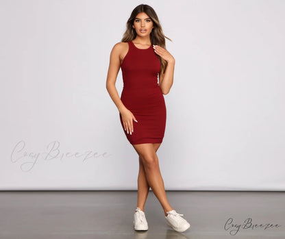 Ribbed Knit Crew Charming Neck Bodycon Mini Dress