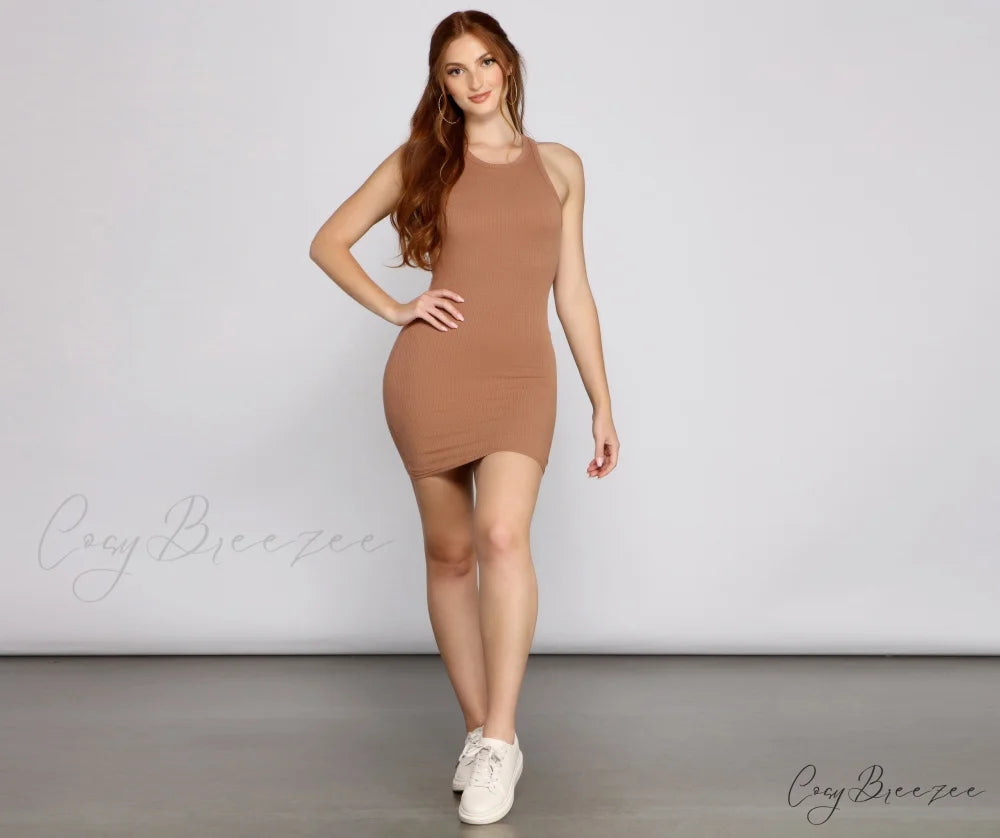 Ribbed Knit Crew Charming Neck Bodycon Mini Dress