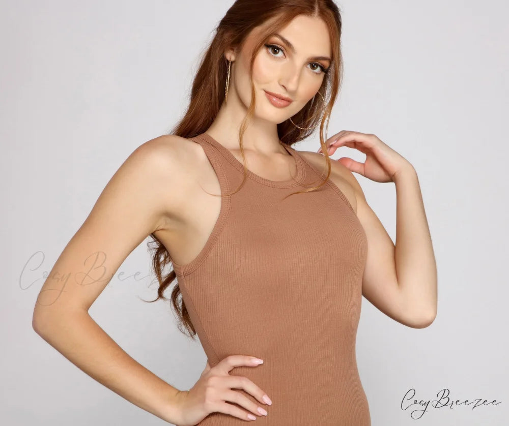 Ribbed Knit Crew Charming Neck Bodycon Mini Dress