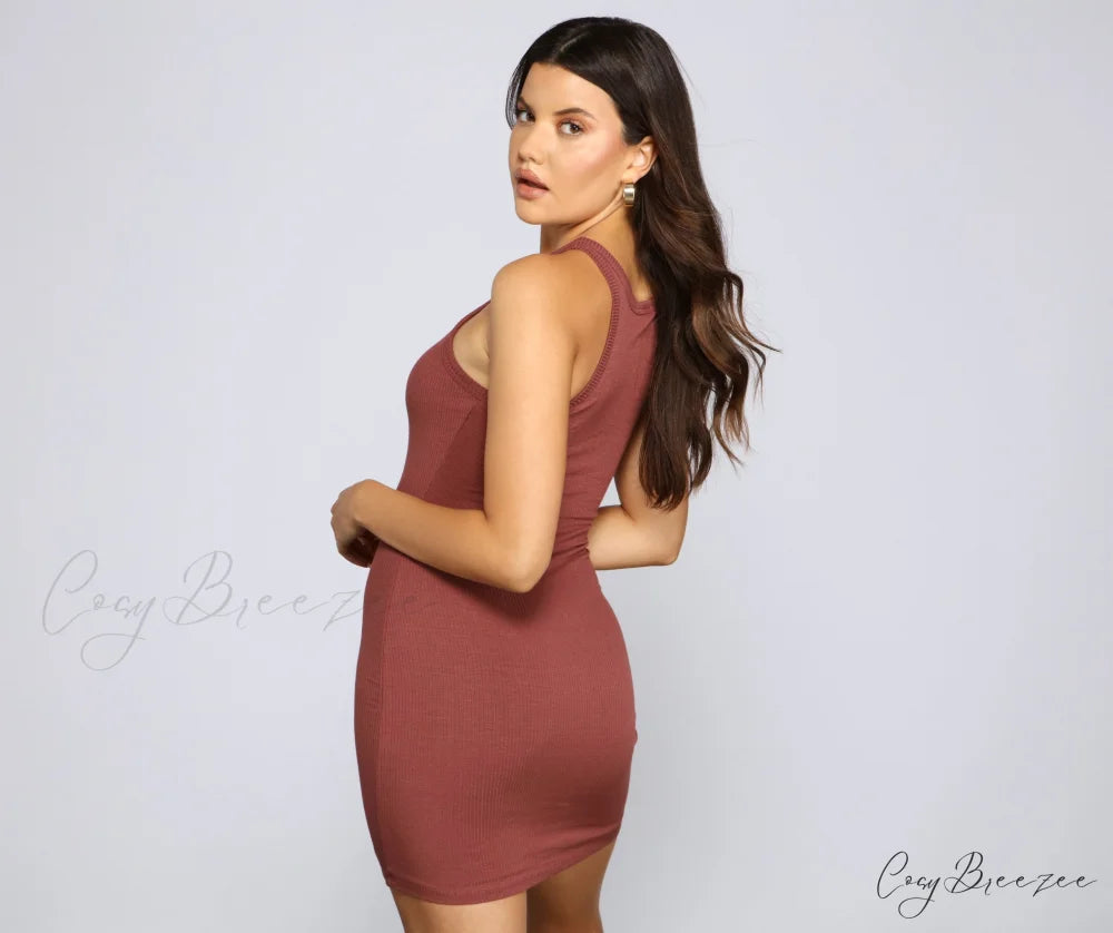 Ribbed Knit Crew Charming Neck Bodycon Mini Dress