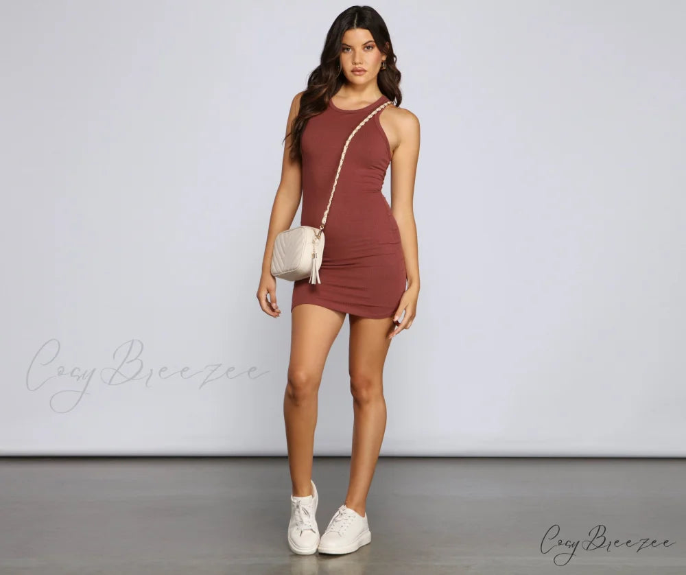 Ribbed Knit Crew Charming Neck Bodycon Mini Dress