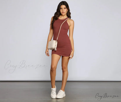 Ribbed Knit Crew Charming Neck Bodycon Mini Dress