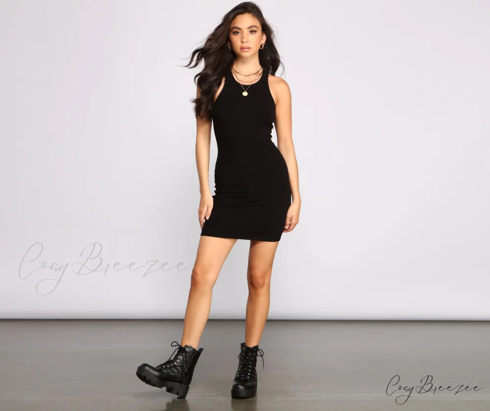 Ribbed Knit Crew Charming Neck Bodycon Mini Dress