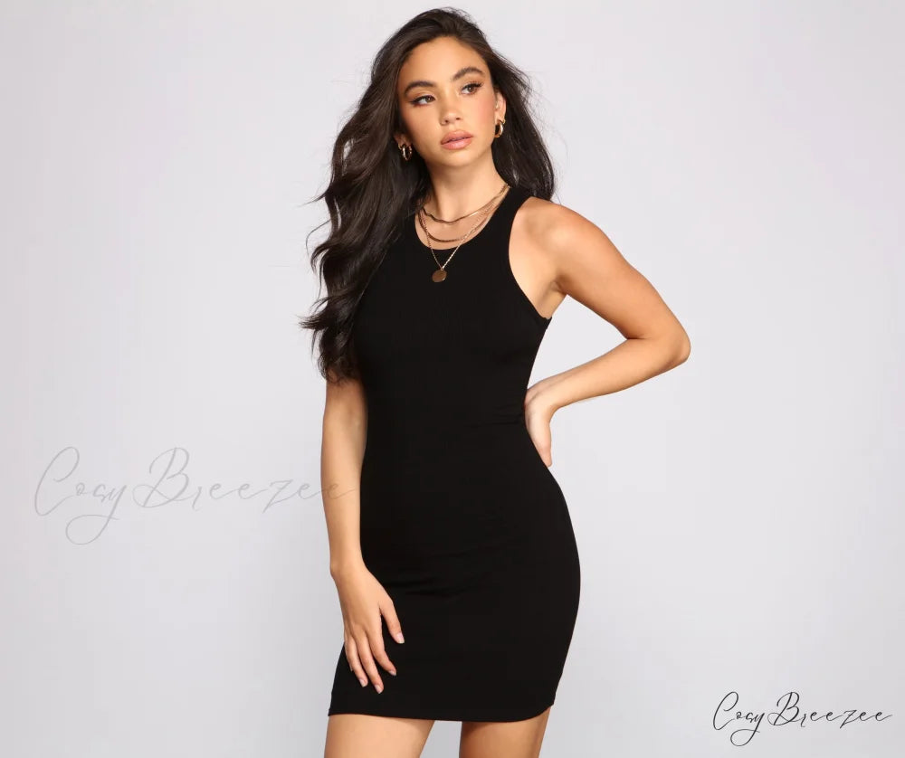Ribbed Knit Crew Charming Neck Bodycon Mini Dress BLACK / XS