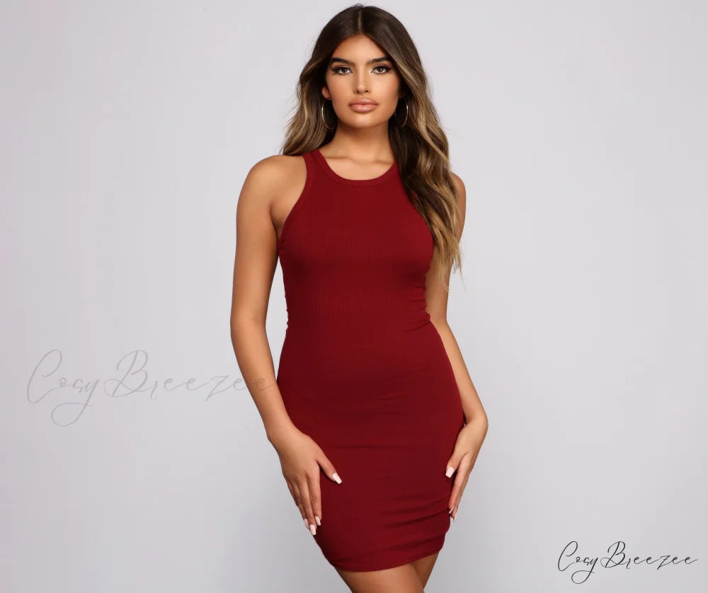 Ribbed Knit Crew Charming Neck Bodycon Mini Dress BURGUNDY / XS