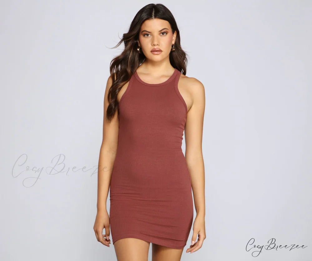 Ribbed Knit Crew Charming Neck Bodycon Mini Dress RED-2 / XS