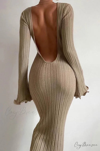 Ribbed Knit Dress with Long Flare Sleeves and Backless Design