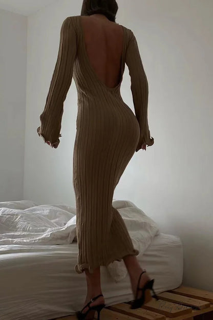 Ribbed Knit Dress with Long Flare Sleeves and Backless Design Khaki / L