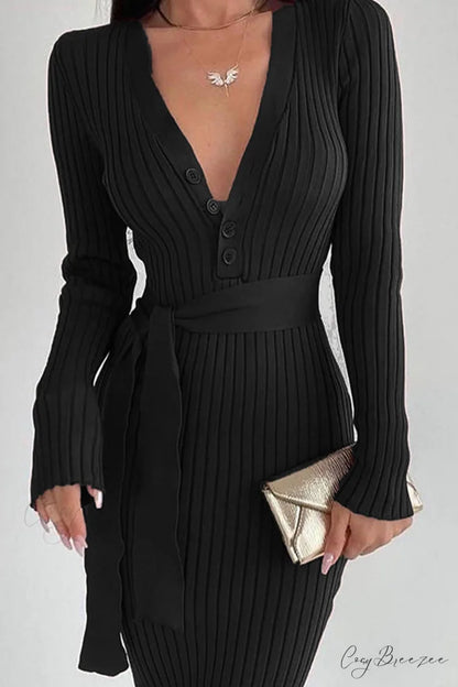 Ribbed Knit Dress with Tie-waist Black / L