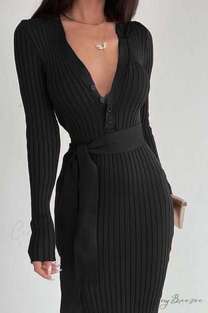 Ribbed Knit Dress with Tie-waist Black / M