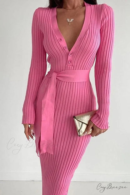 Ribbed Knit Dress with Tie-waist Pink / L