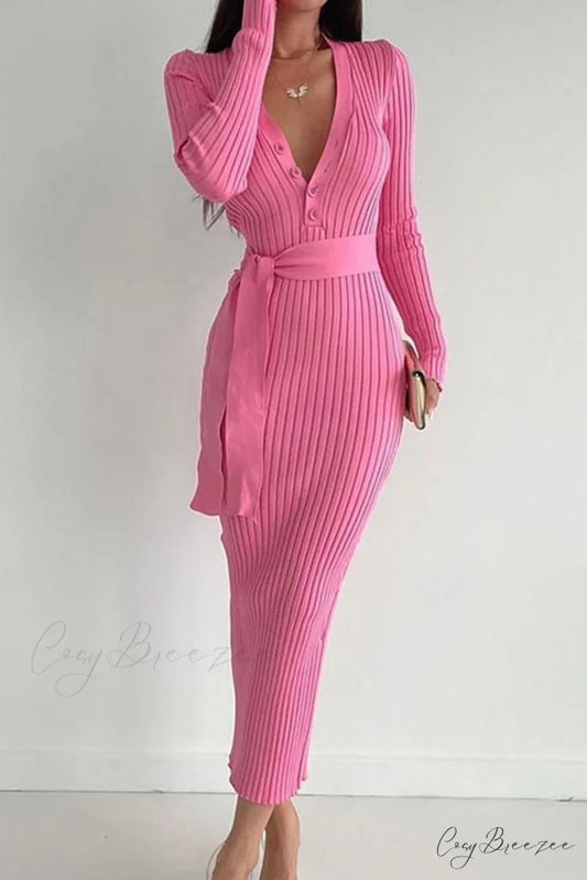 Ribbed Knit Dress with Tie-waist Pink / S
