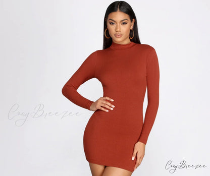 Ribbed Knit Mock Charming Neck Mini Dress RUST / XS