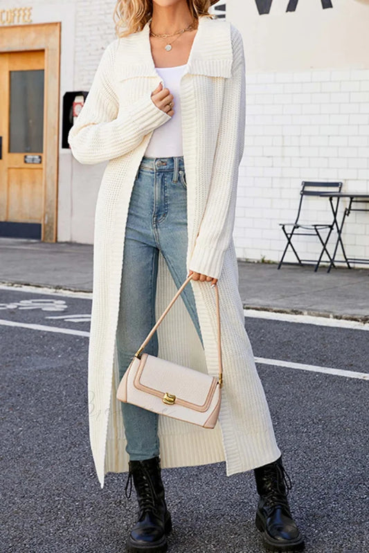 Ribbed Knit Open Front Cardigan with Lapel White / S