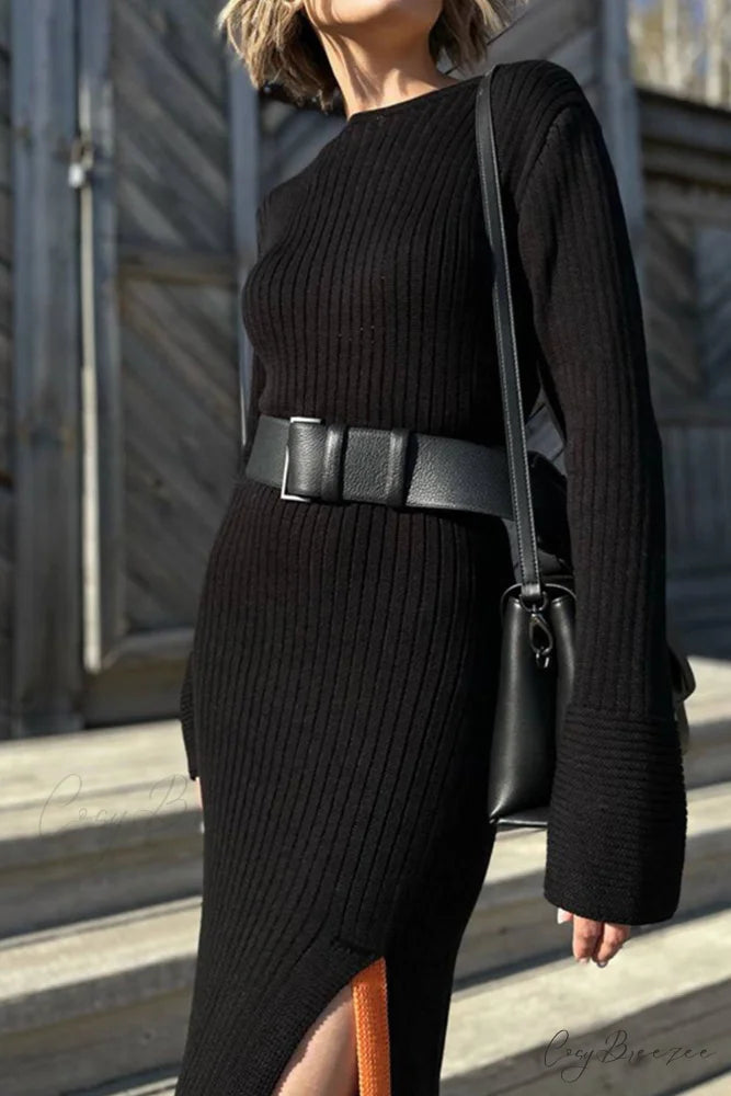 Ribbed Knit Side Slit Dress with Contrast Black / L