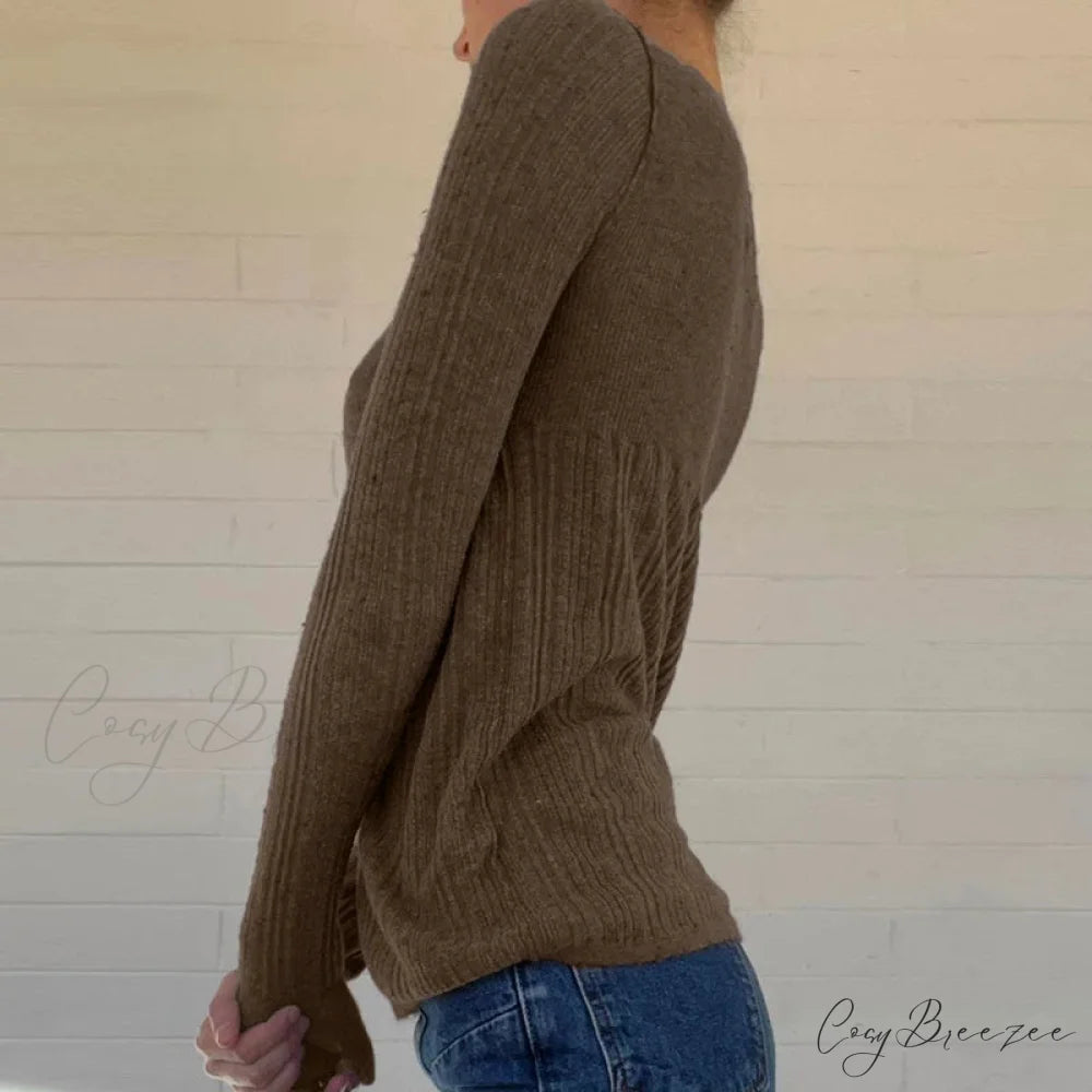 Ribbed Knit Slim Fit Button Front Long Sleeve Crop Top knittop-250126