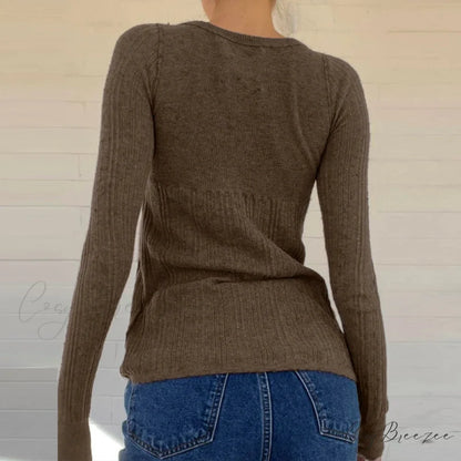 Ribbed Knit Slim Fit Button Front Long Sleeve Crop Top knittop-250126