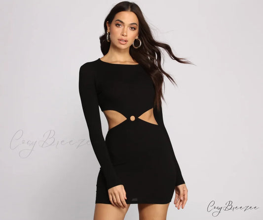 Ribbed Knit Stylish O-Ring Mini Dress BLACK / XS