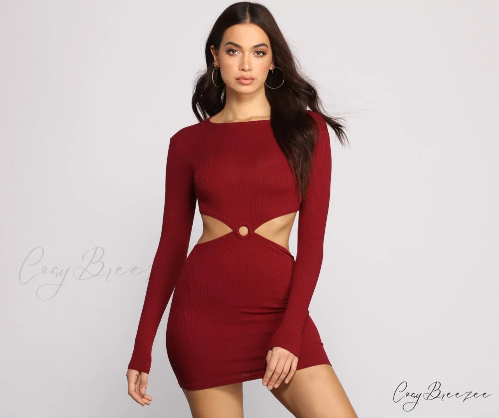 Ribbed Knit Stylish O-Ring Mini Dress BURGUNDY / XS