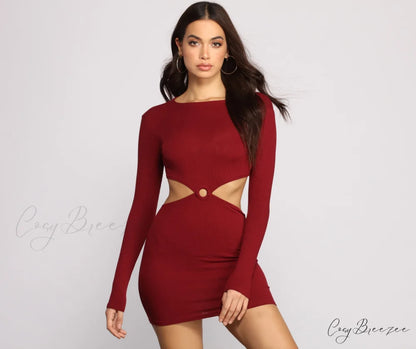Ribbed Knit Stylish O-Ring Mini Dress BURGUNDY / XS