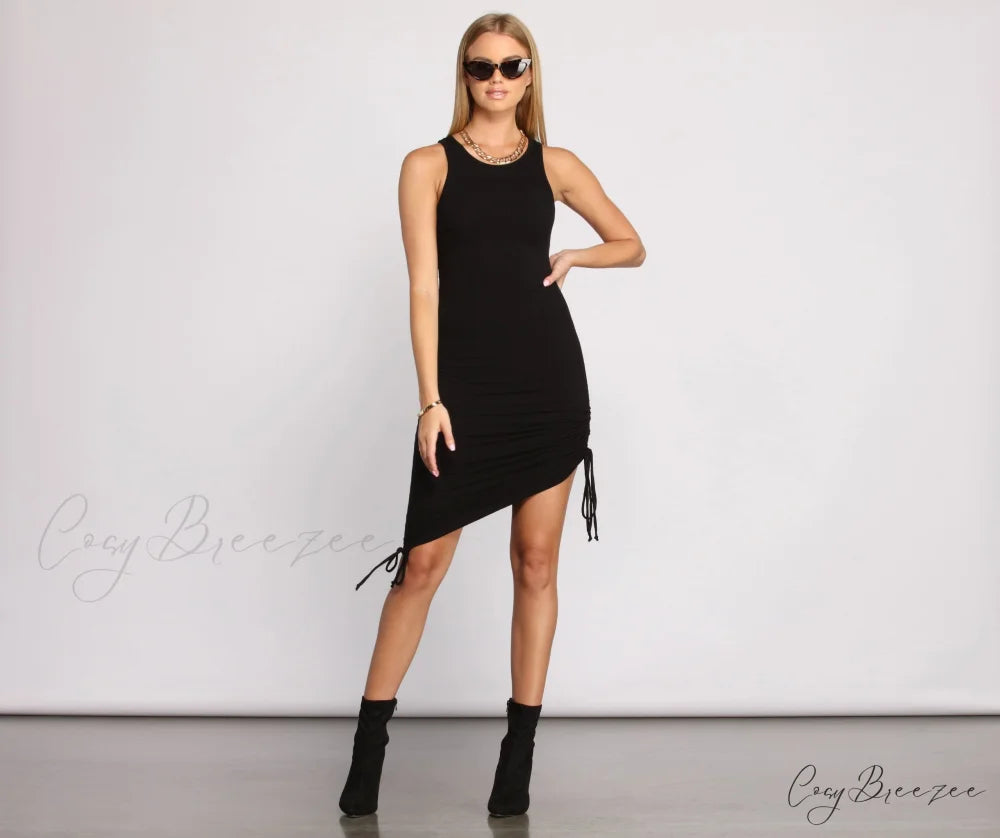 Ribbed Knit Stylish Ruched Mini Dress