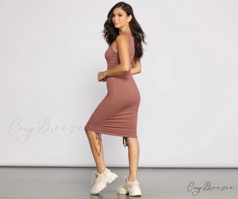 Ribbed Knit Stylish Ruched Mini Dress