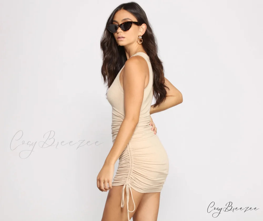 Ribbed Knit Stylish Ruched Mini Dress
