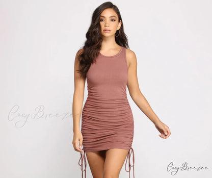 Ribbed Knit Stylish Ruched Mini Dress DARK MARSALA / XS