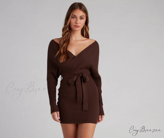 Ribbed Knit Tie-Front Charming Mini Sweater Dress BROWN / XS
