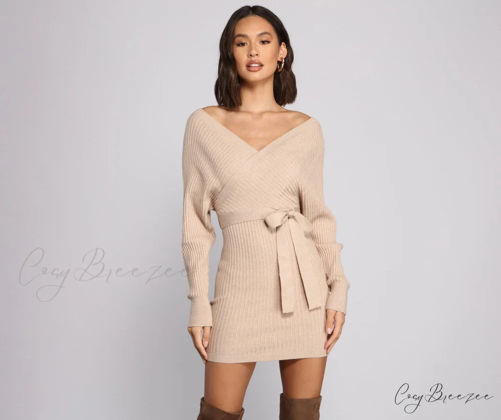 Ribbed Knit Tie-Front Charming Mini Sweater Dress NATURAL / XS