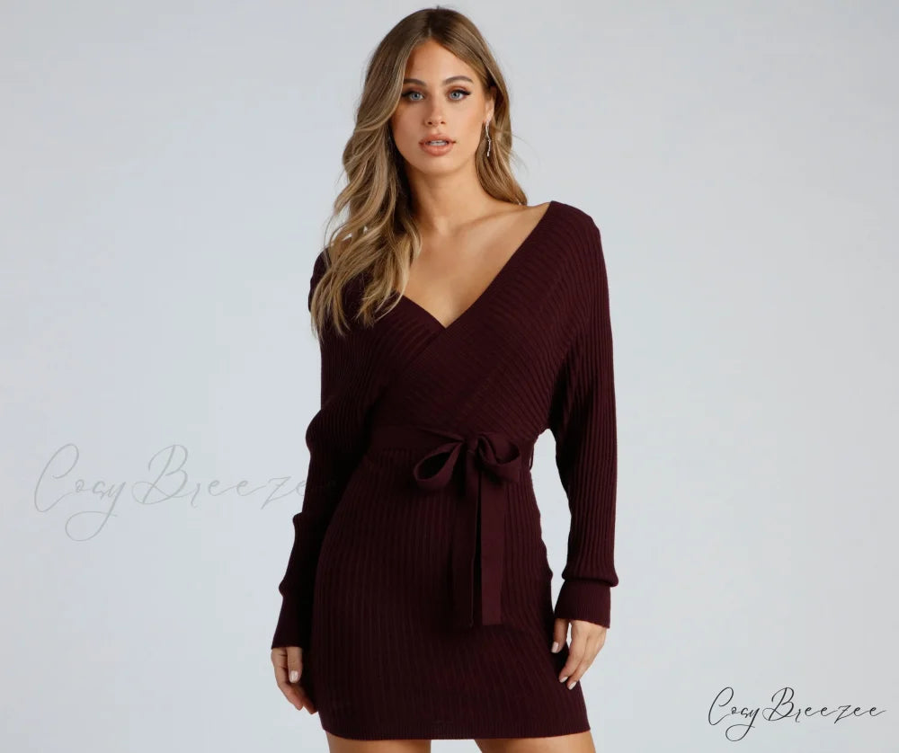 Ribbed Knit Tie-Front Charming Mini Sweater Dress PLUM / XS