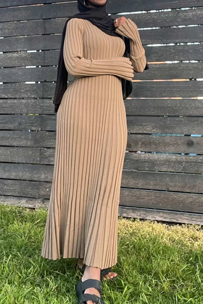 Ribbed Knit Tie-waist Dress Khaki / L