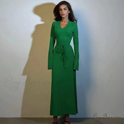 Ribbed Knitted Tie-detailed Fashionable Club-ready Birthday Autumnal Maxi Dress Green / S