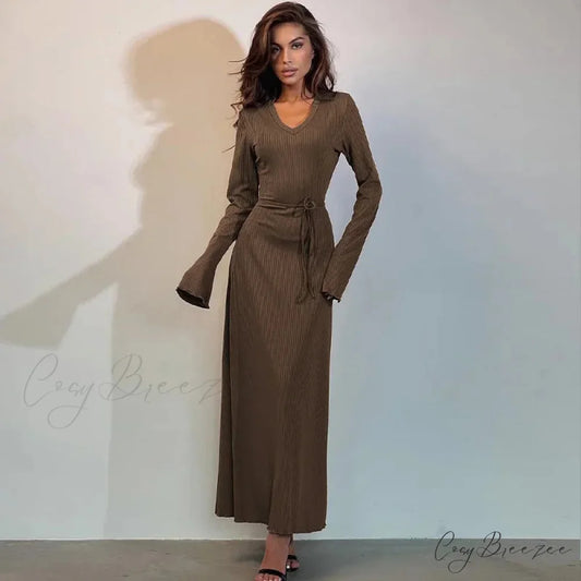 Ribbed Knitted Tie-detailed Fashionable Club-ready Birthday Autumnal Maxi Dress Tan / S