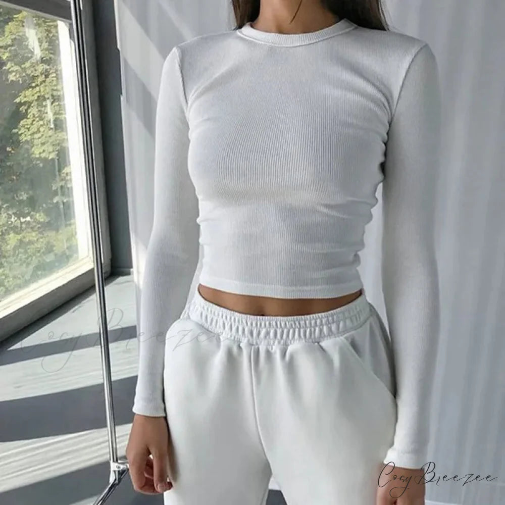 Ribbed Sexy Cropped Slim Fit Long Sleeve Knit Top WHITE / S knittop-250126