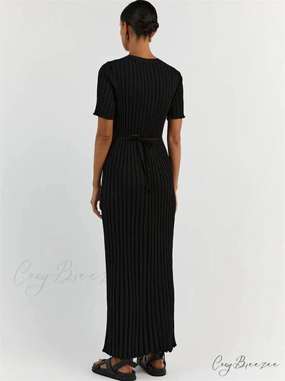 Ribbed Short Stylish Sleeve Maxi Dress