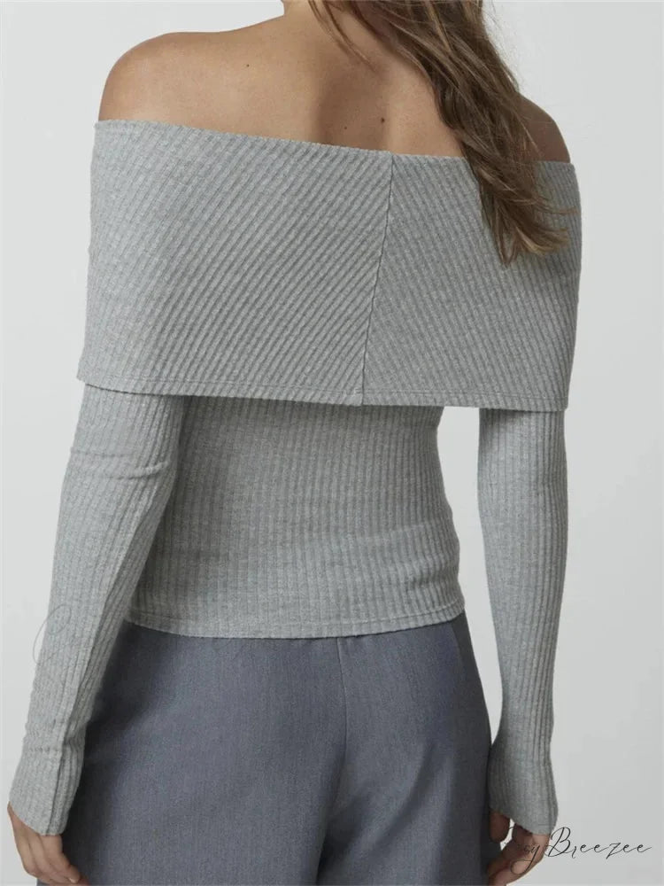 Ribbed Slash Neck Off Shoulder Casual Long Sleeve T-Shirts