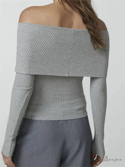 Ribbed Slash Neck Off Shoulder Casual Long Sleeve T-Shirts