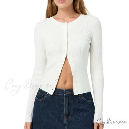 Ribbed Slim Button-Up Full Sleeve Cardigan WHITE / S cardigans-241228
